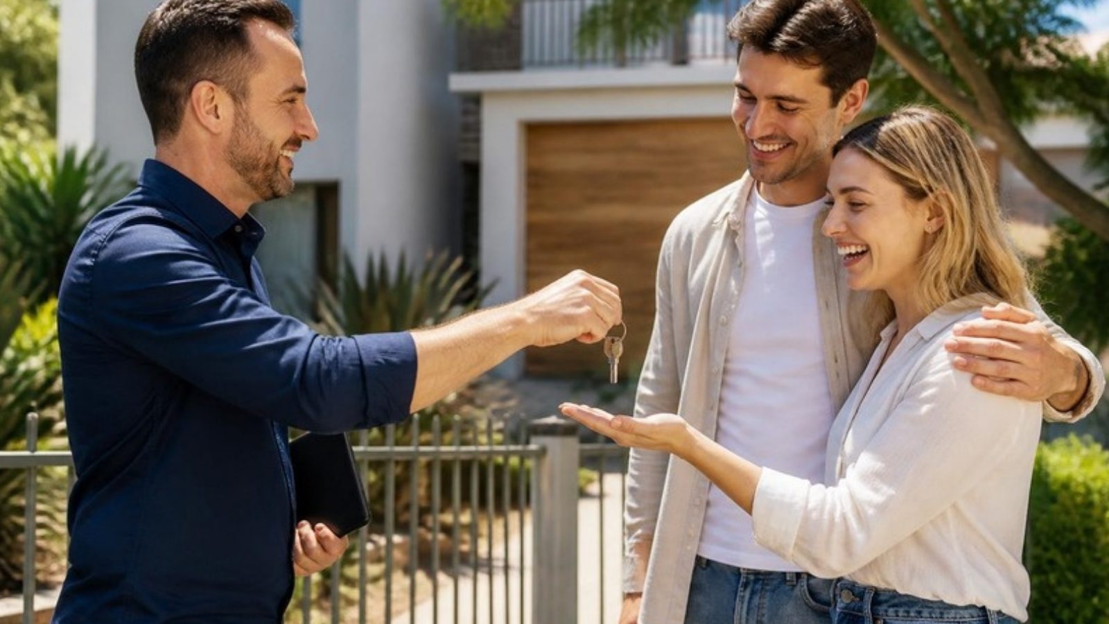Mortgage broker handing house keys to a happy couple