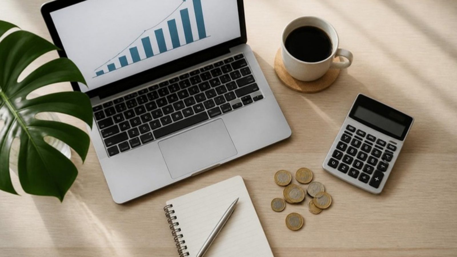 Laptop with a growing chart, calculator and coins - saving on staffing costs