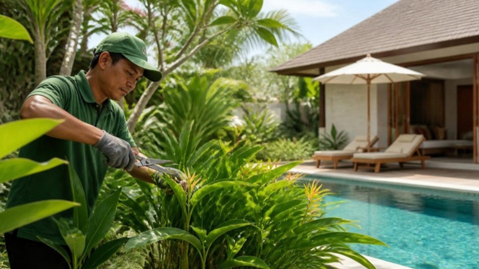 Gardener caring for the tropical garden of a Bali villa