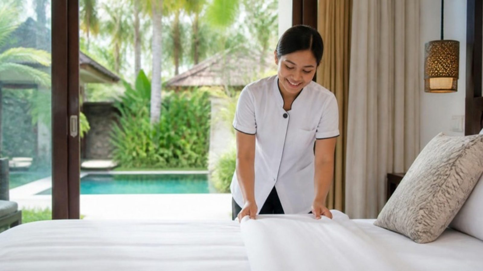 Housekeeper preparing a bright Bali villa bedroom