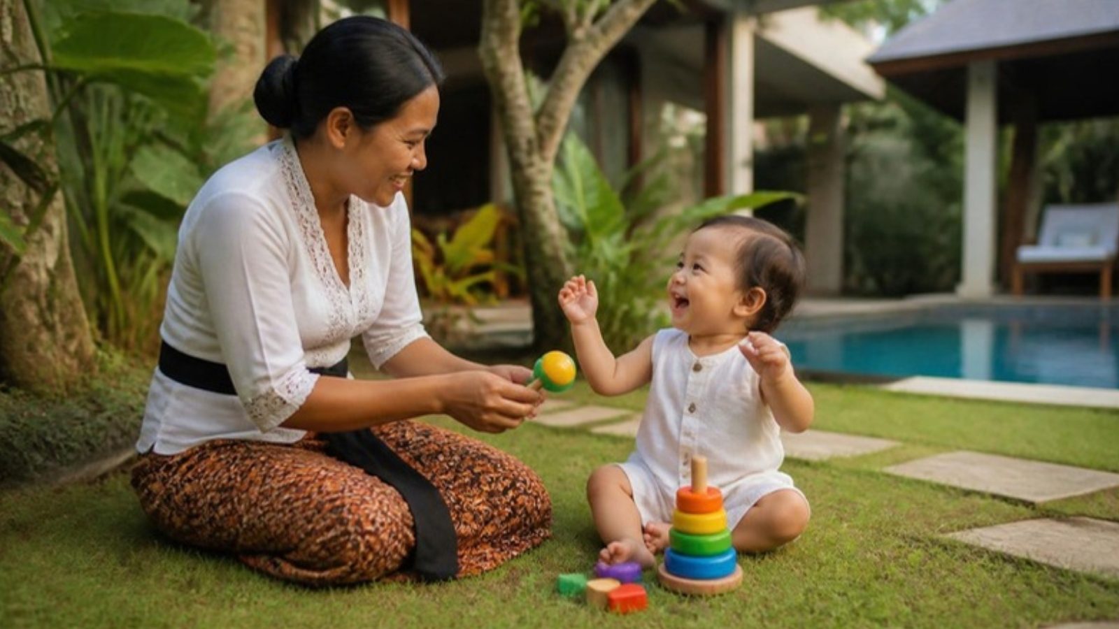 Nanny playing with a toddler in a Bali villa garden