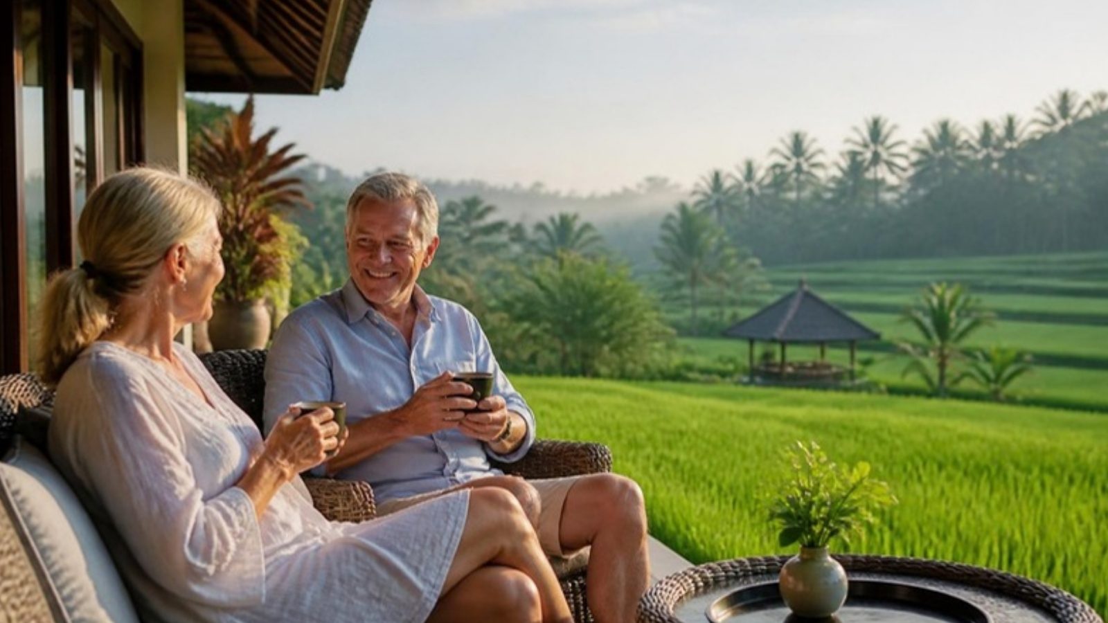 Retired couple enjoying coffee on a Bali villa terrace overlooking rice fields