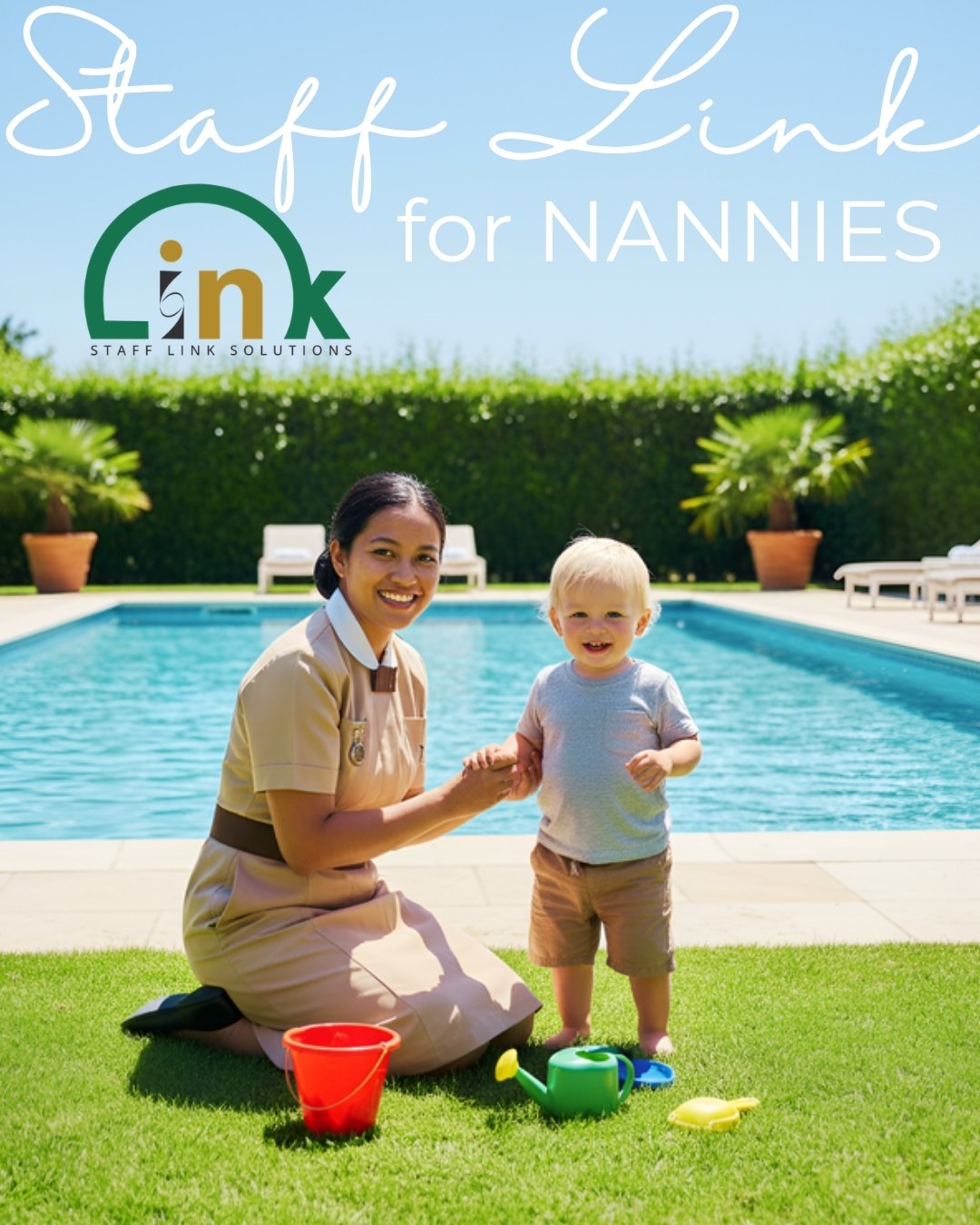 Staff Link nanny playing with a toddler by a Bali villa pool