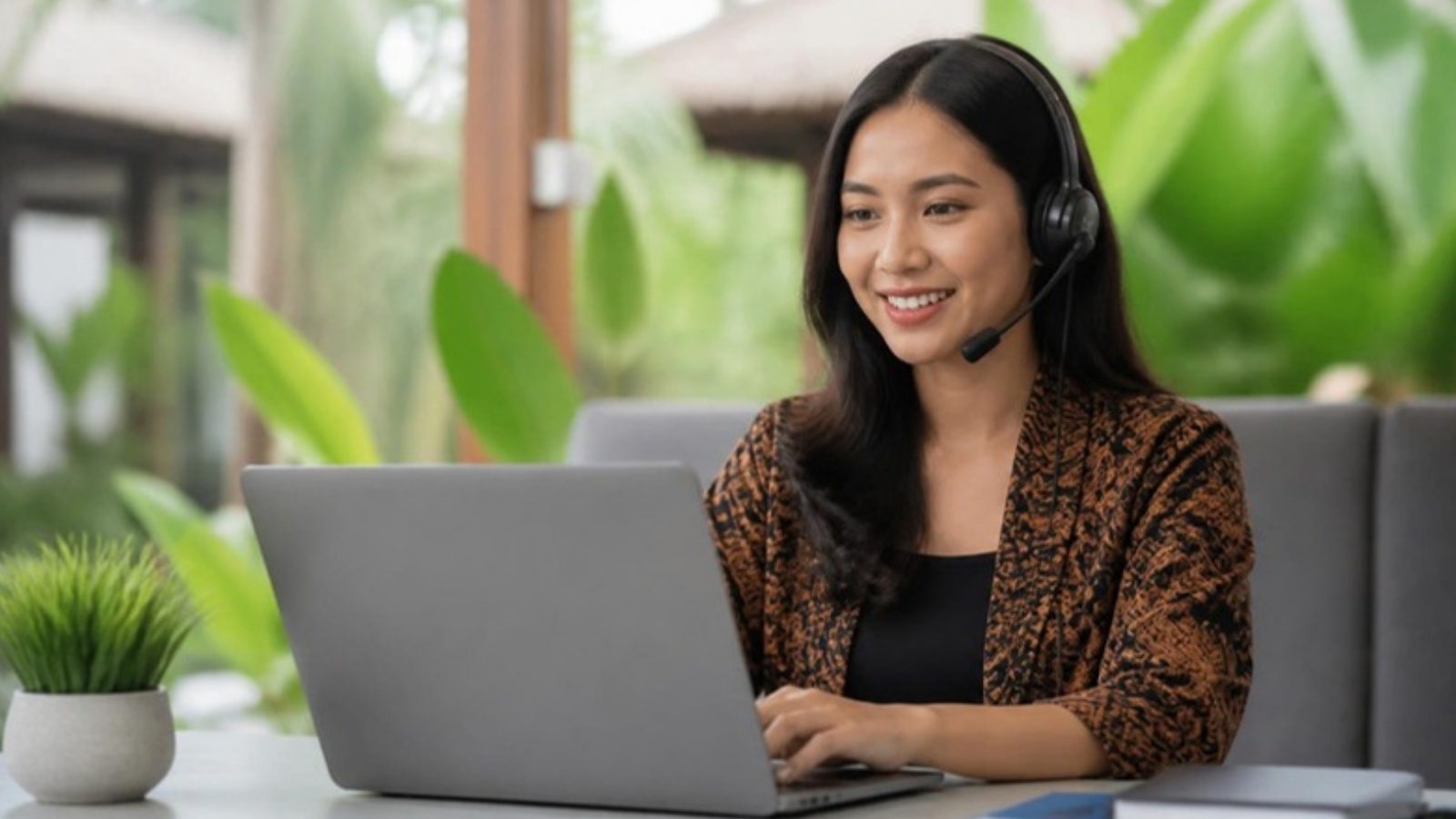 Customer support professional with a headset in a Bali office