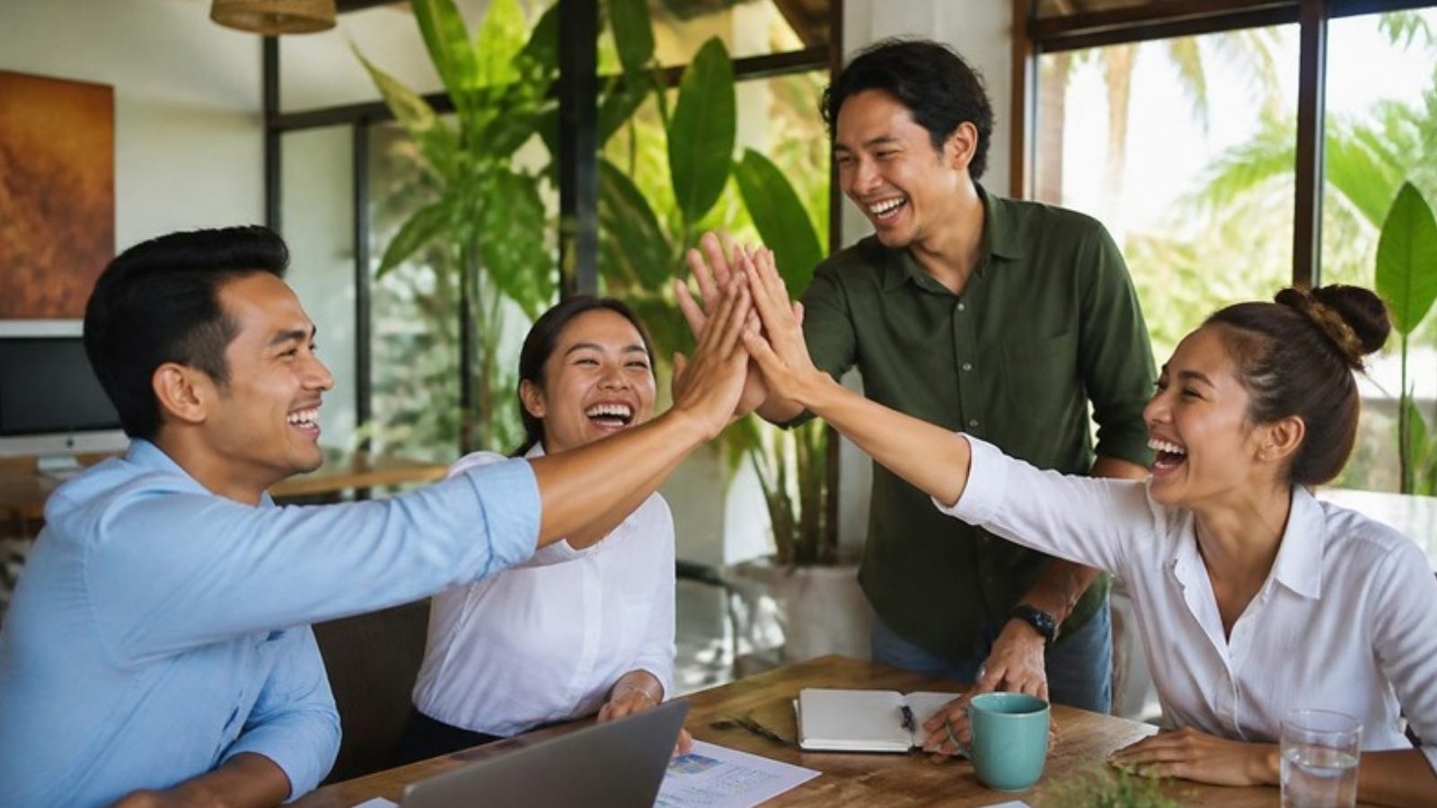 Bali team high-fiving after finishing a project