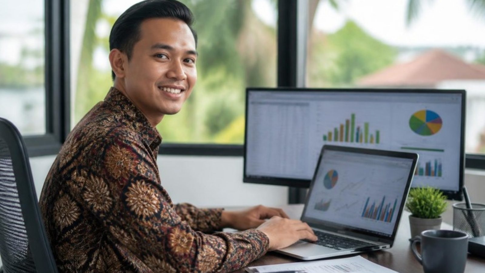 Remote assistant in a batik shirt working with charts on two screens