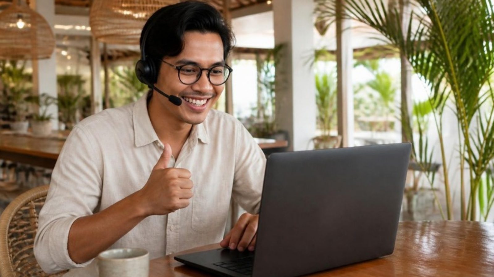 Indonesian virtual assistant giving a cheerful thumbs-up on a video call