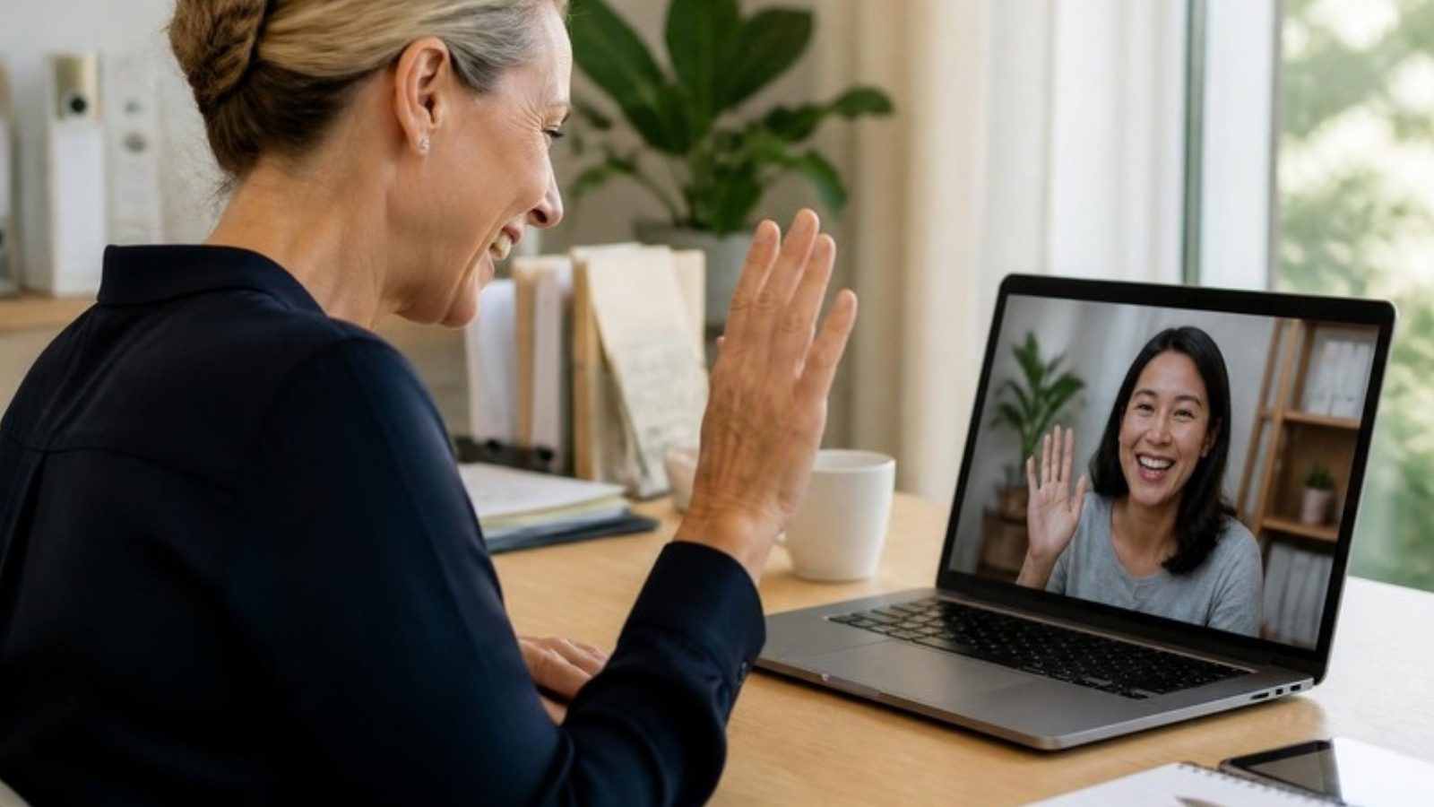 Australian businesswoman waving to her Bali assistant on a video call